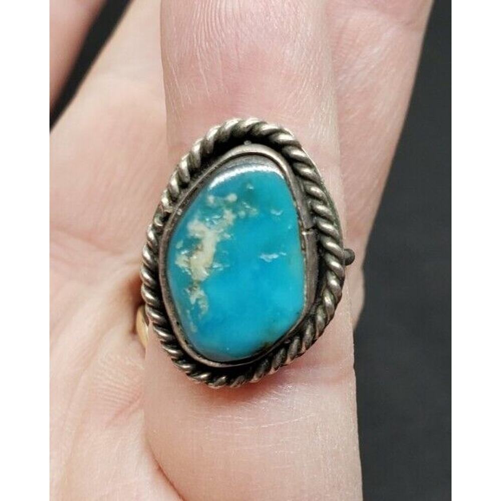 Vintage Southwest Sterling Silver Turquoise Ring Petite Sz 4.5 Rope Border
